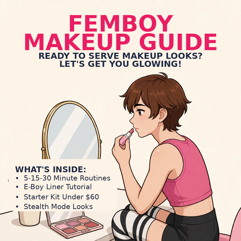 Femboy applying makeup at vanity - Complete Femboy Makeup Guide | FemboyGuide